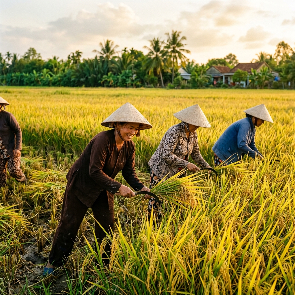 Nông dân thu hoạch lúa trên cánh đồng